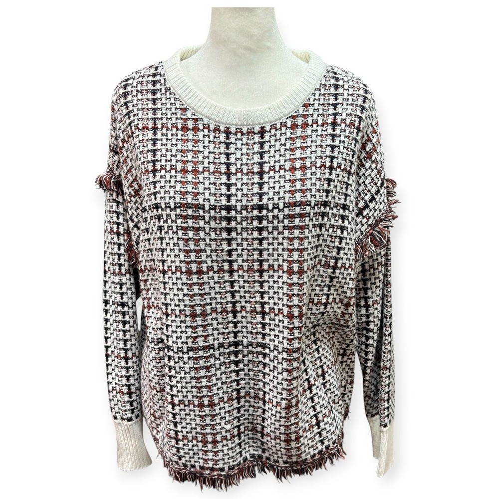 DKNY Womens Tweed Knit Fringe Sweater Silver Metallic Thread Crew Neck #303